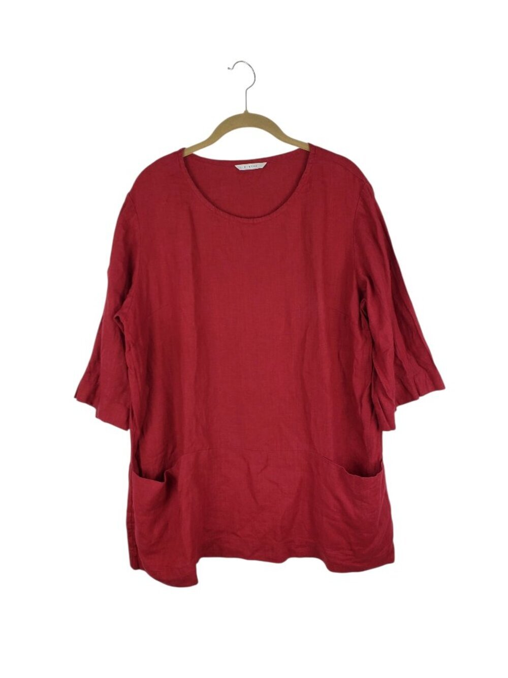 Linenfox Pocket Top Half Sleeve Boxy Lagenlook Burgundy Red Woven Womens Large